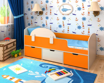 Кровать Малыш-мини с бортиком Дуб молочный/Оранжевый в Шахте - shahta.mebel54.com | фото