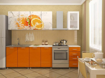 Кухонный гарнитур 1,6м Апельсин (Белый/Оранжевый металлик/Фотопечать апельсин) в Шахте - shahta.mebel54.com | фото